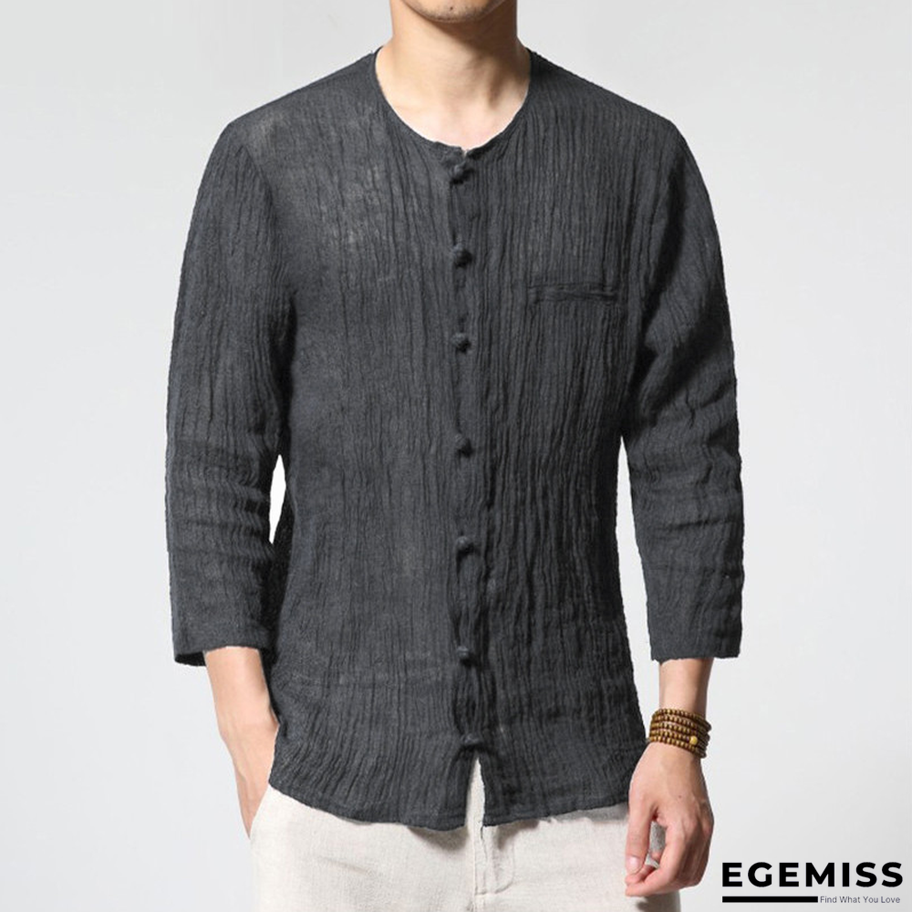 Men Shirts Solid O-neck 3/4 Sleeve Cotton Vintage Shirt | EGEMISS