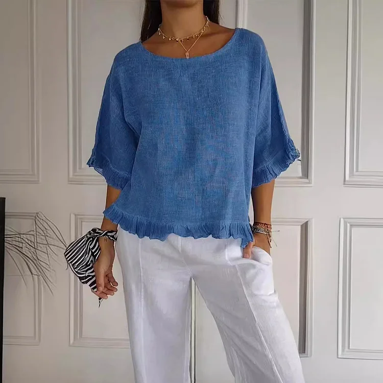 Women's Short Sleeve Crew Neck Cotton Linen Solid Color Loose Blouse