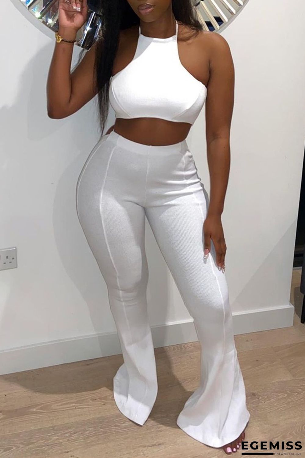 White Sexy Casual Solid Backless Strap Design Halter Sleeveless Two Pieces | EGEMISS