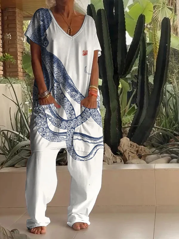 Casual Octopus Art Print V Neck Jumpsuit