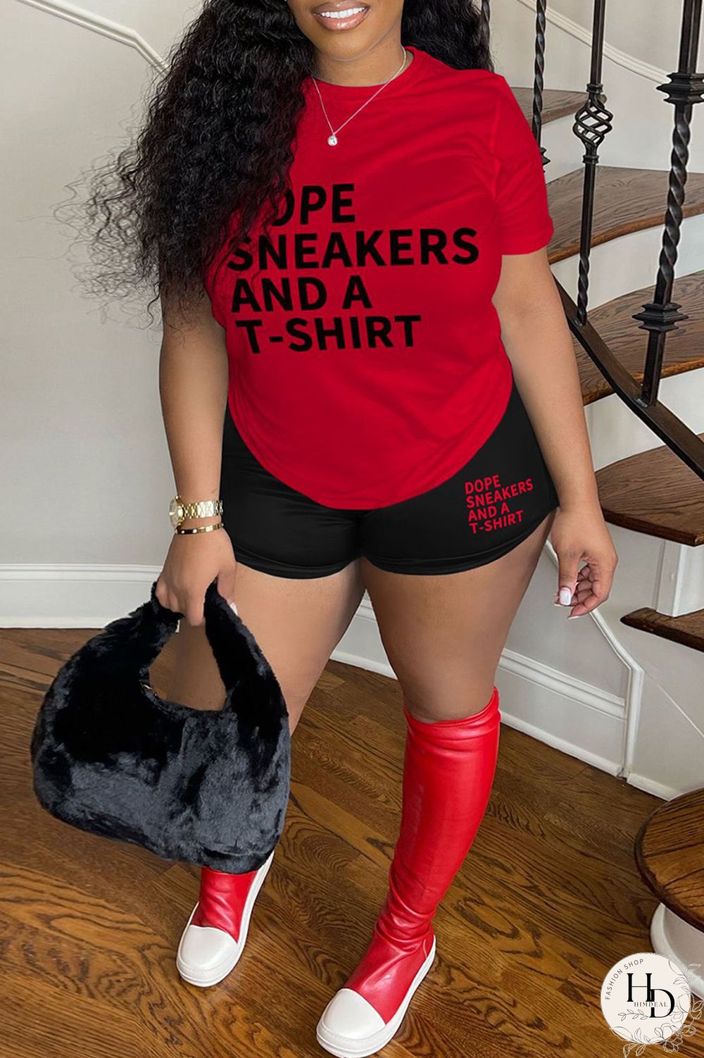 Red Casual Letter Print Basic O Neck Short Sleeve Two Pieces