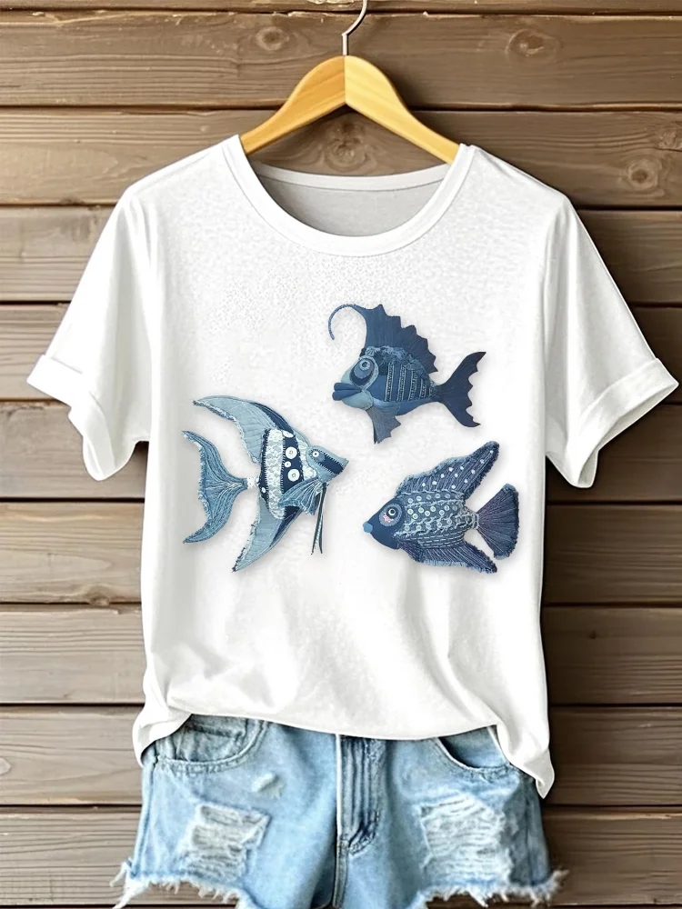 Utbros Women's Denim Lovely Fishes Portrait Art Print Short Sleeve Casual T-shirt