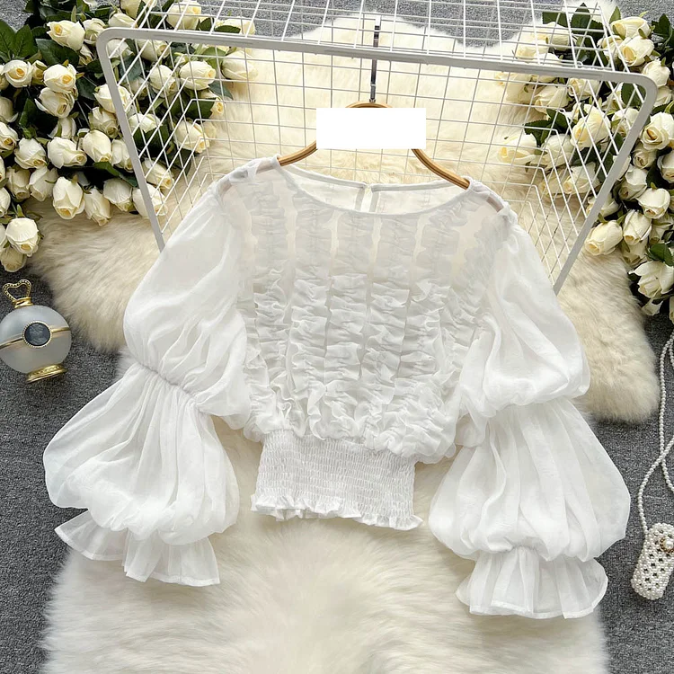 Women's fashion design sense shirt French small lantern sleeve temperament slim short blouse_ viptrois