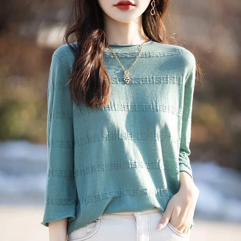 Churchf Churchf And Summer Thin Round Collar Jacquard Wool Knit T-Shirt Women's Seven Minute Sleeve Solid Color Bottom Sweater Middle Sleeve Cashmere Top