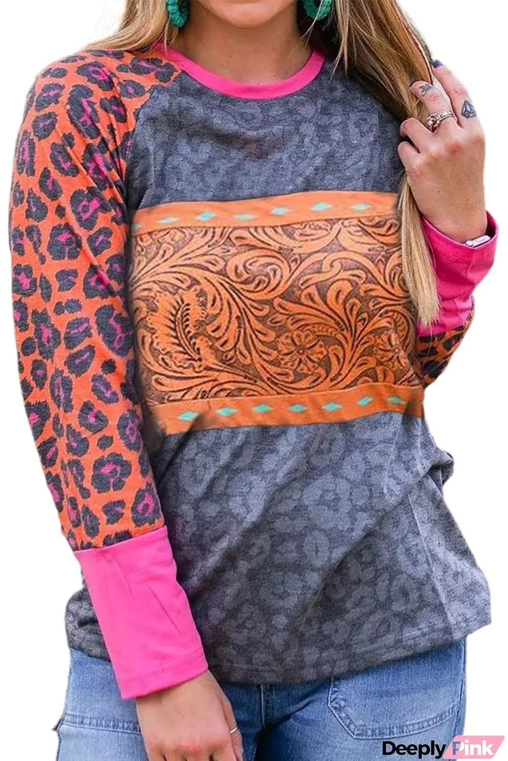 Western Tribal Print Patchwork Long Sleeves Top