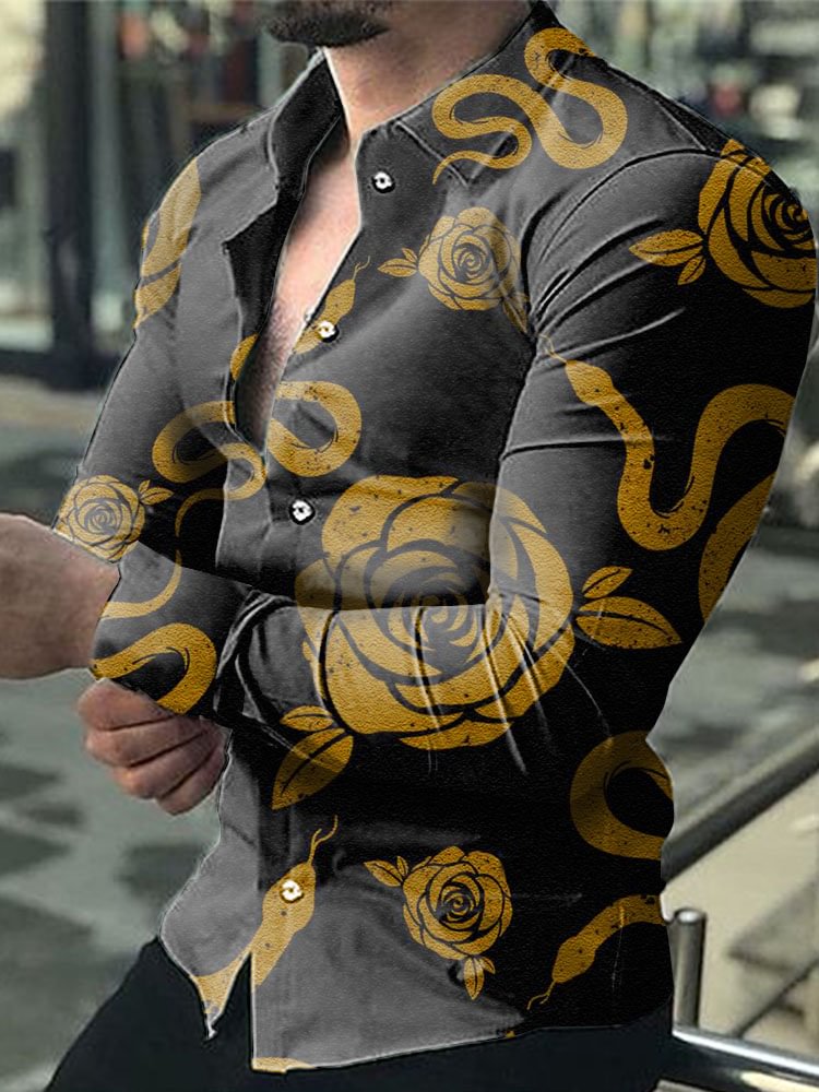 Casual Snake And Flower Pattern Printed Long Sleeve Men's Shirt