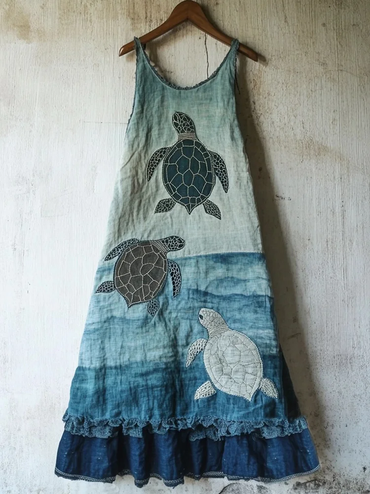 Sea Turtle Pattern Patchwork Art Linen Blend Dress
