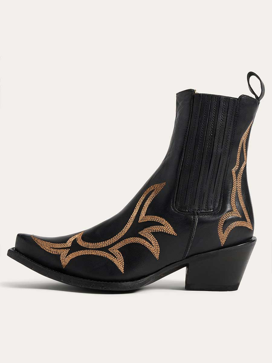 Black Vegan Leather Snip Toe Embroidered Cowgirl Boots With Chunky Heels