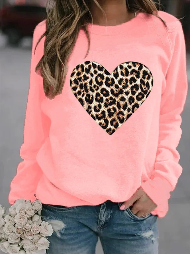 Uveng Round Neck Leopard Print Heart Printing Hooded Veet Coats