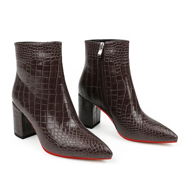 75mm Women's Zipper Pointed Toe Red Bottom Chunky Heel Ankle Croc Boots VOCOSI VOCOSI