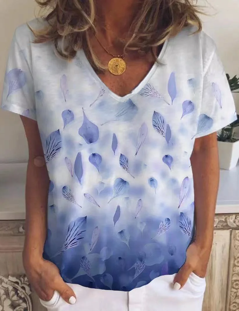 Leaf Flower Print V-Neck Short-Sleeved T-Shirt