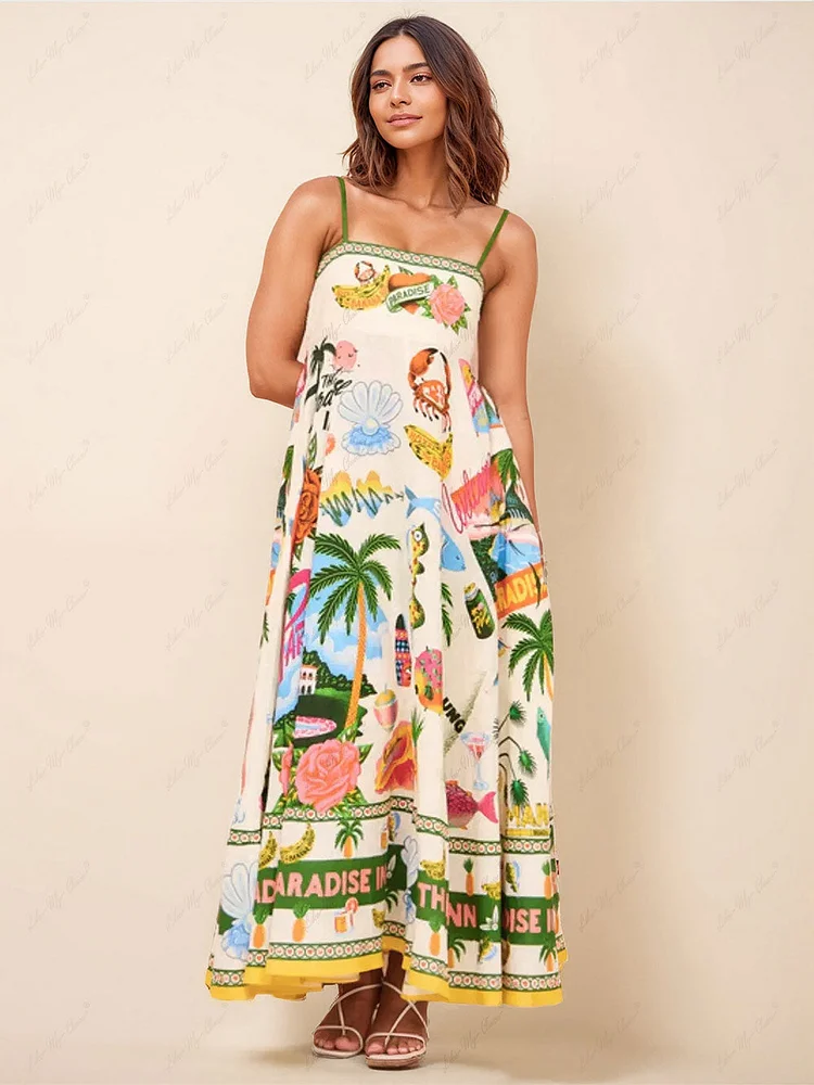 Unique Holiday Print Smocked Back Pocket Maxi Dress