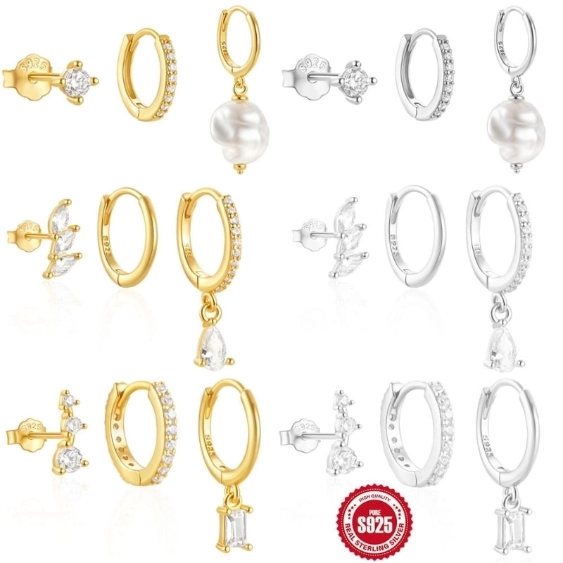 3 Pieces Set 925 Sterling Silver Zircon Geometric Earrings