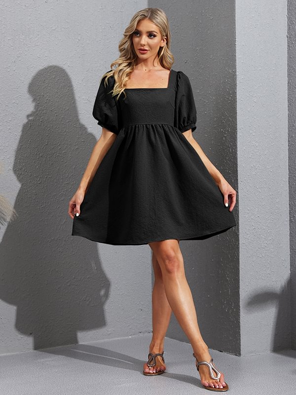 Simple Casual 4 Colors Tied Square-Neck Puff Sleeves Mini Dress