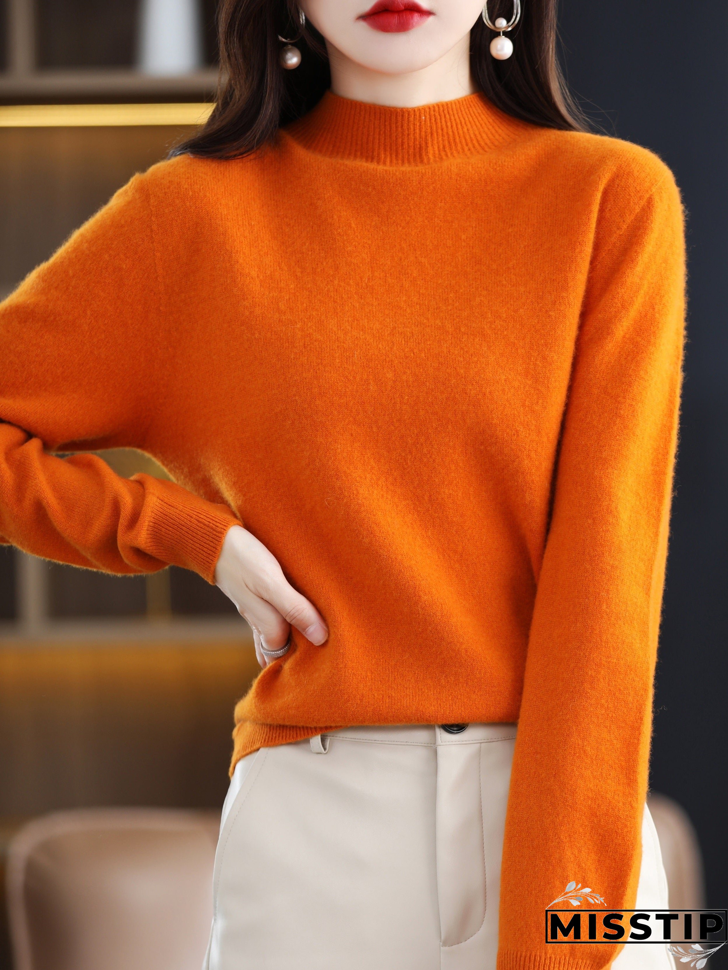 Solid Mock Neck Pullover Sweater, Elegant Long Sleeve Sweater, Women's Clothing