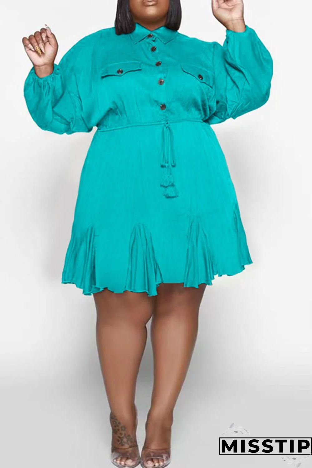 Orange Casual Solid Patchwork Buckle Fold Turndown Collar Straight Plus Size Dresses