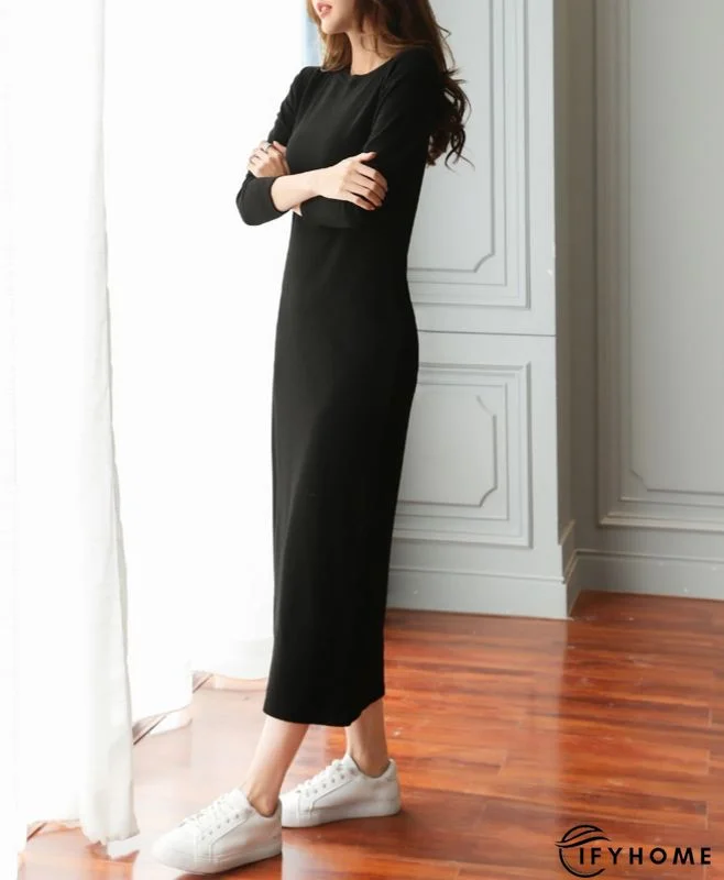 Casual Plain Crew Neck Loose Long sleeve Dress | IFYHOME