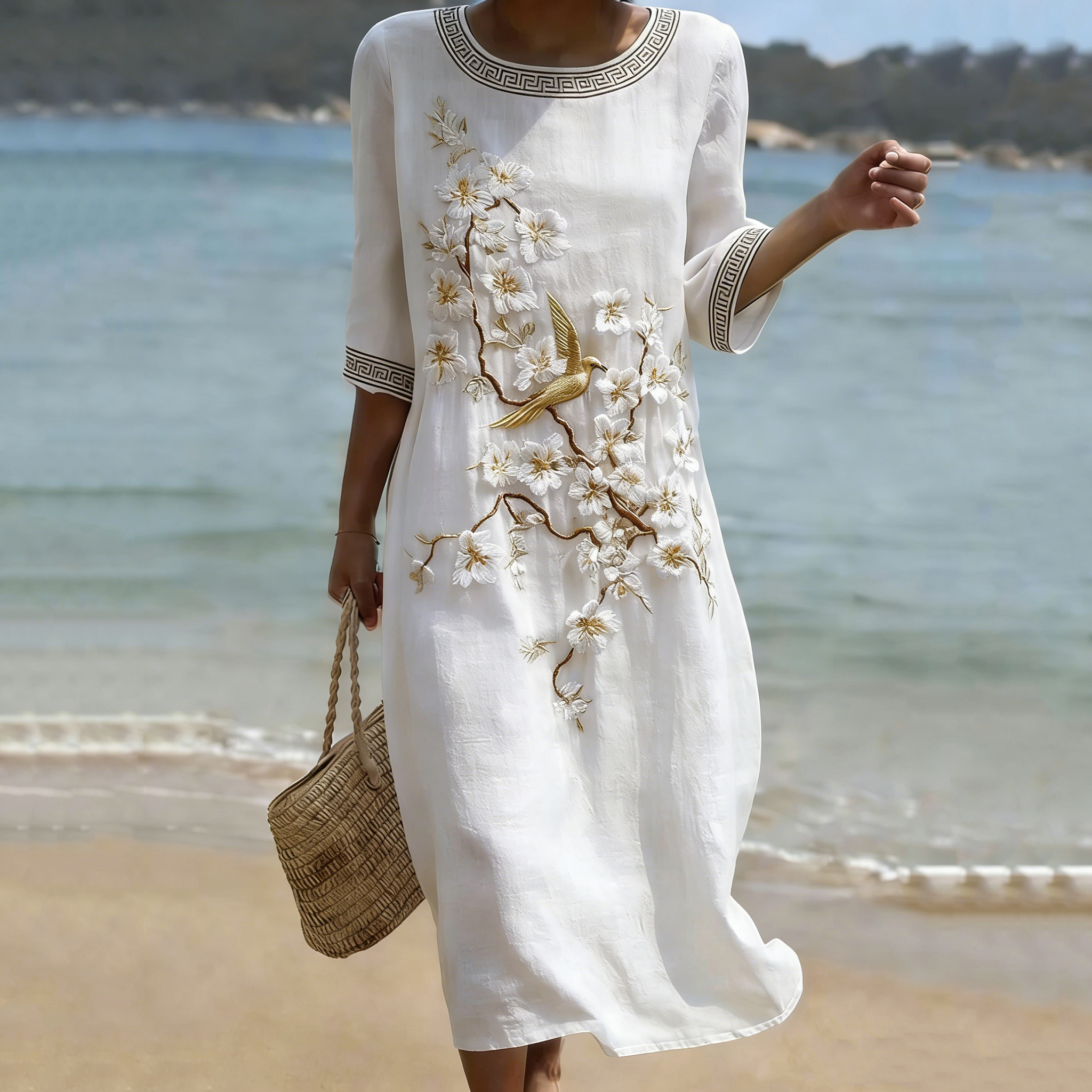 Women's Japanese Sakura & Floral-bird Art Linen-blend Dress elevenforest