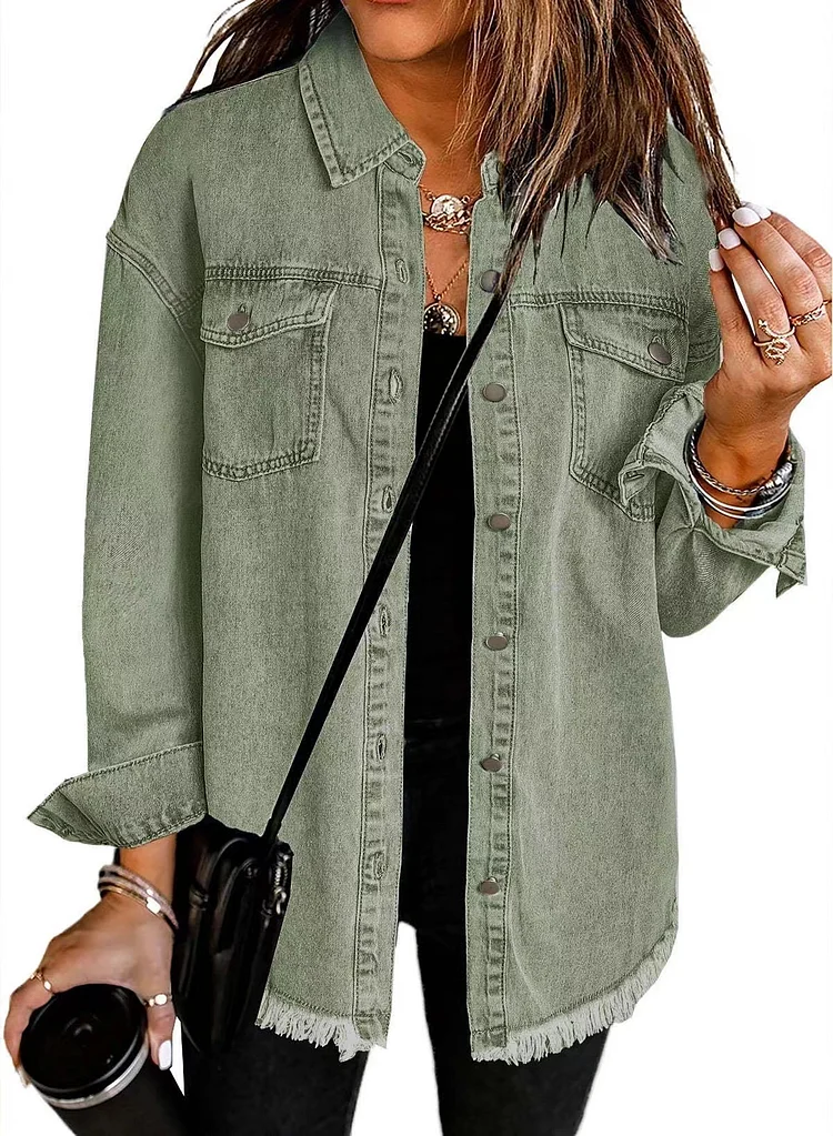 Women's Solid Denim Jacket Lapel Single Breasted Denim Shirt Jacket