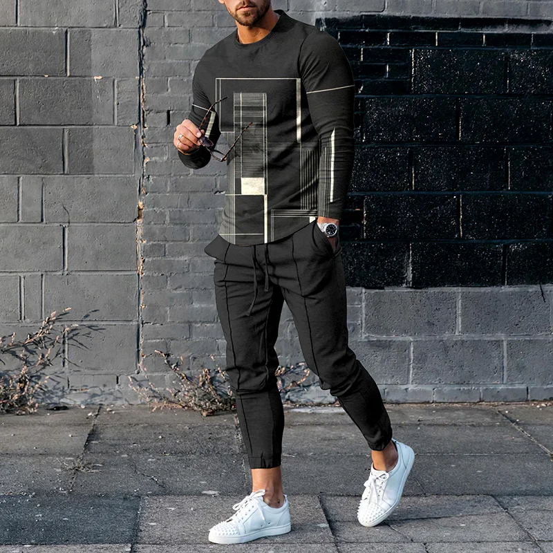 Simple Geometric Lines Casual Long Sleeve T-Shirt And Pants Co-Ord