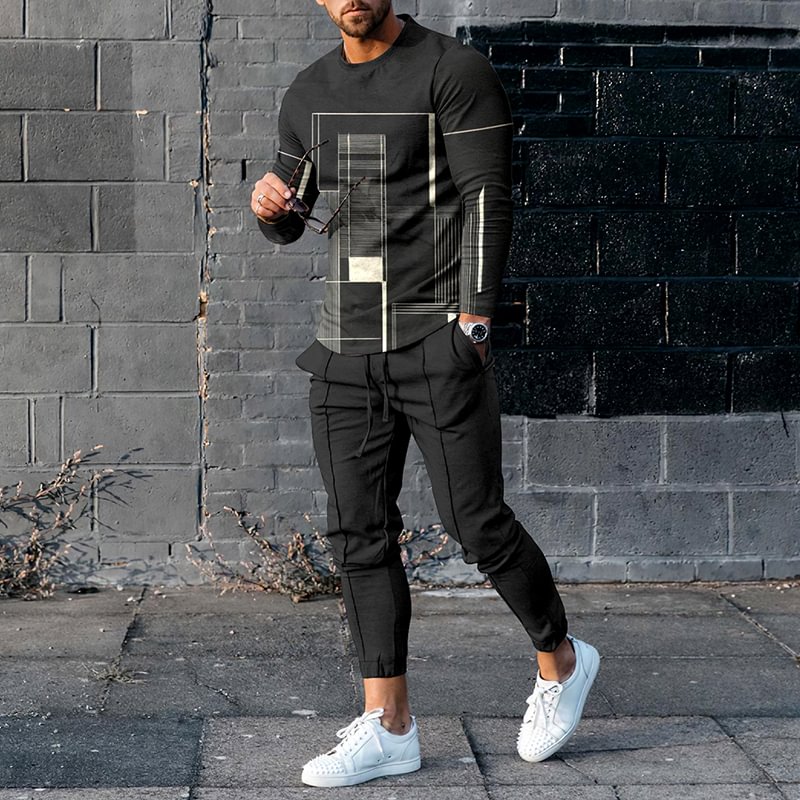 Simple Geometric Lines Casual Long Sleeve T-Shirt And Pants Co-Ord