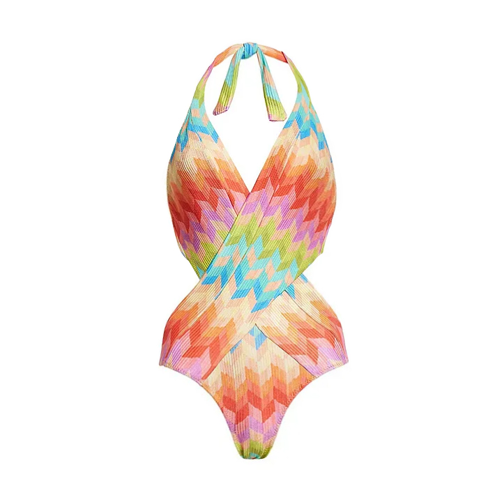 Halter Cut Out Printed One Piece Swimsuit and Sarong - Ladylim