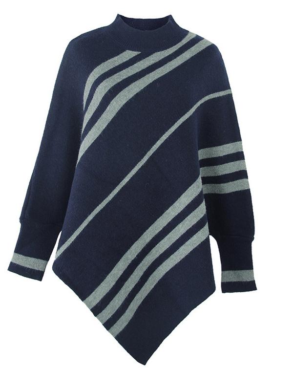Women's Scoop Neck Long Sleeve Knit Shawl Striped Sweater Top