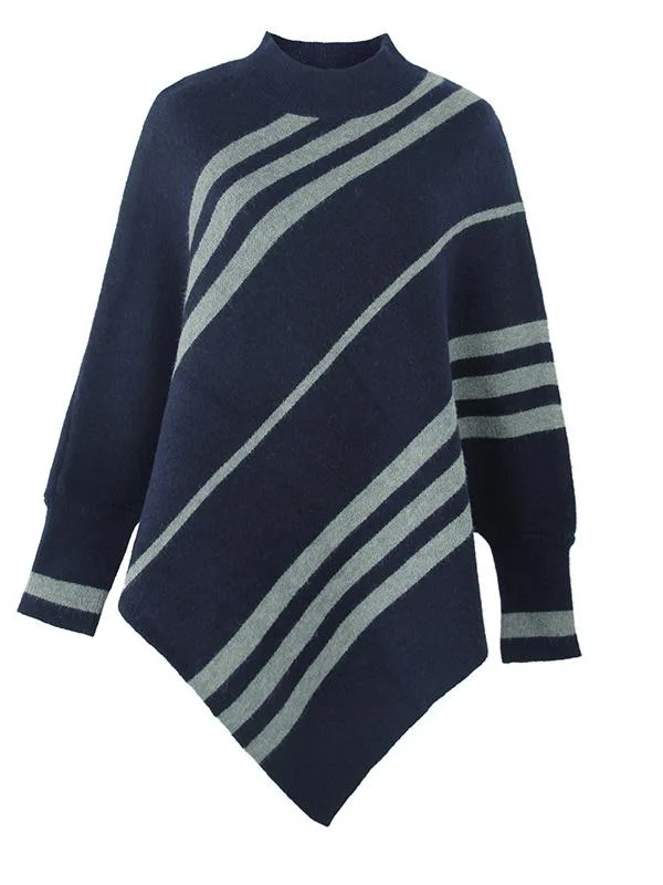 Women's Scoop Neck Long Sleeve Knit Shawl Striped Sweater Top