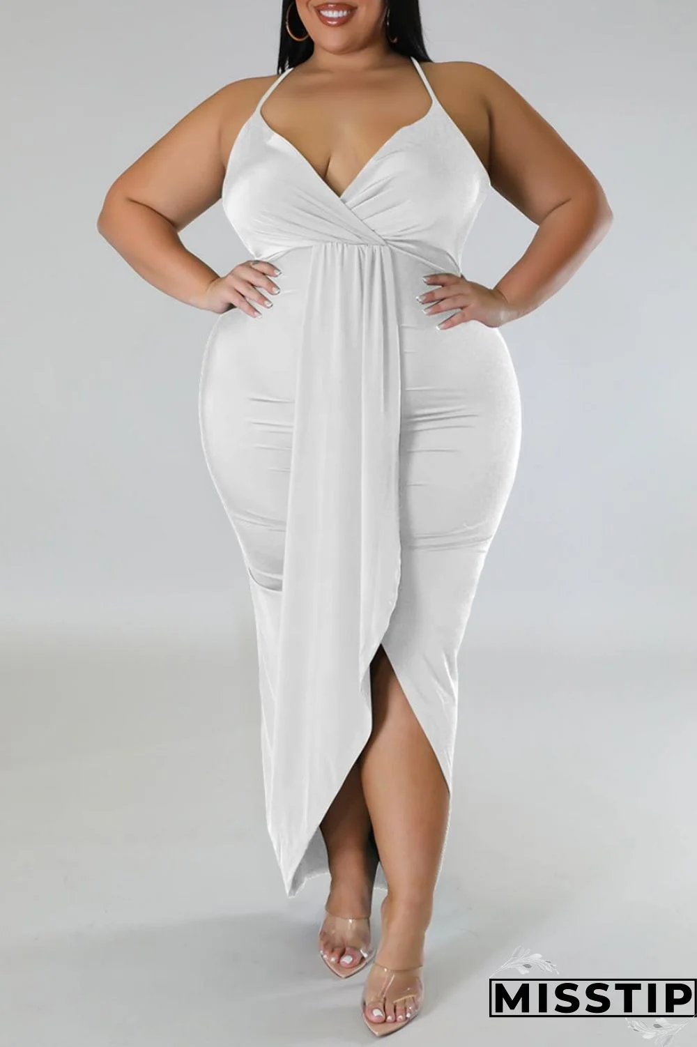 Purple Sexy Solid Patchwork Backless V Neck Sling Dress Plus Size Dresses