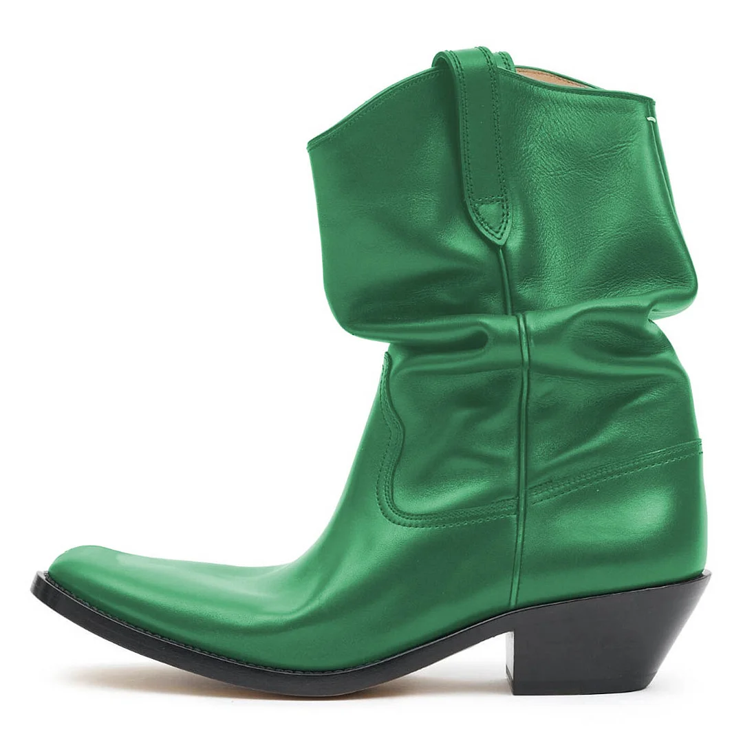 Shiny Green Almond Toe Side Loops Silhouette Boots with Block Heel