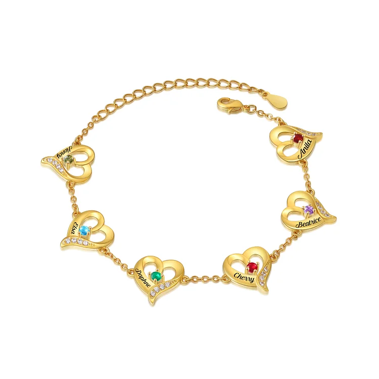 6 Names - Personalized Heart Bracelet Custom Names & Birthstones Bracelets Valentine's Day Gift For Her