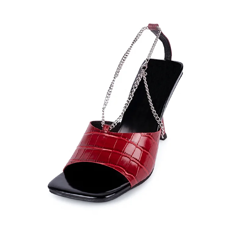 Black & Red Stiletto Heels Square Toe Shoes Metal Chain Sandals |FSJ Shoes