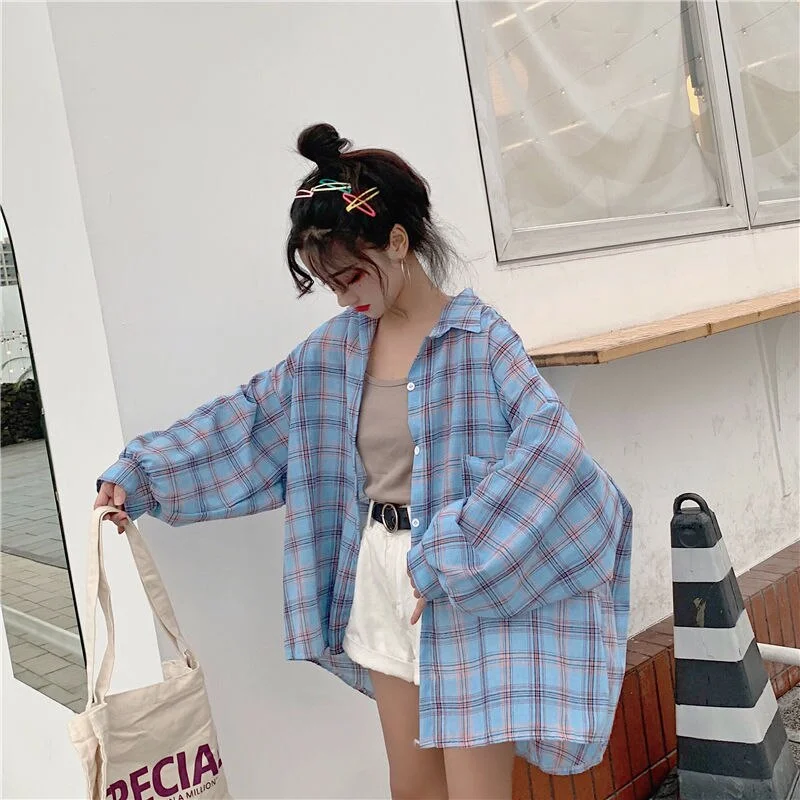 Women Blouses Long Shirts Spring Turn-down Collar Plaid Korean Style Thin Sunproof Chic Girls Outwear All-match Loose Breathable