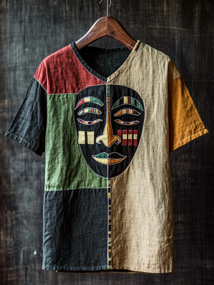 Men's African Ethnic Mask Patchwork Hooded Linen Vest