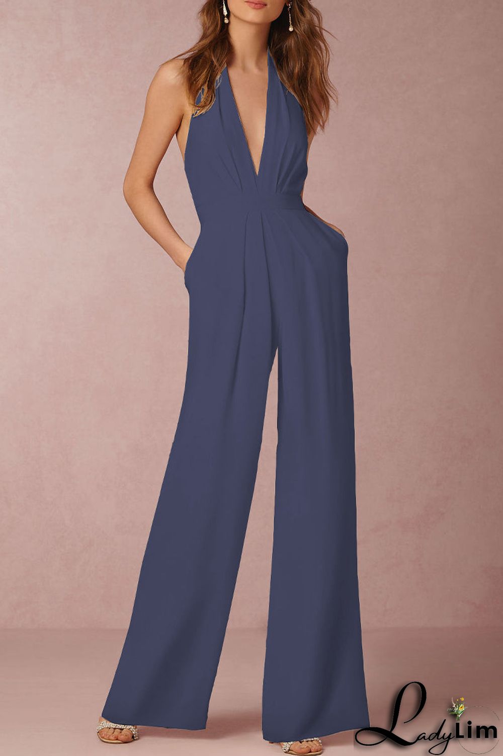 Sexy Elegant Solid Backless Fold V Neck Regular Jumpsuits(12 Colors)