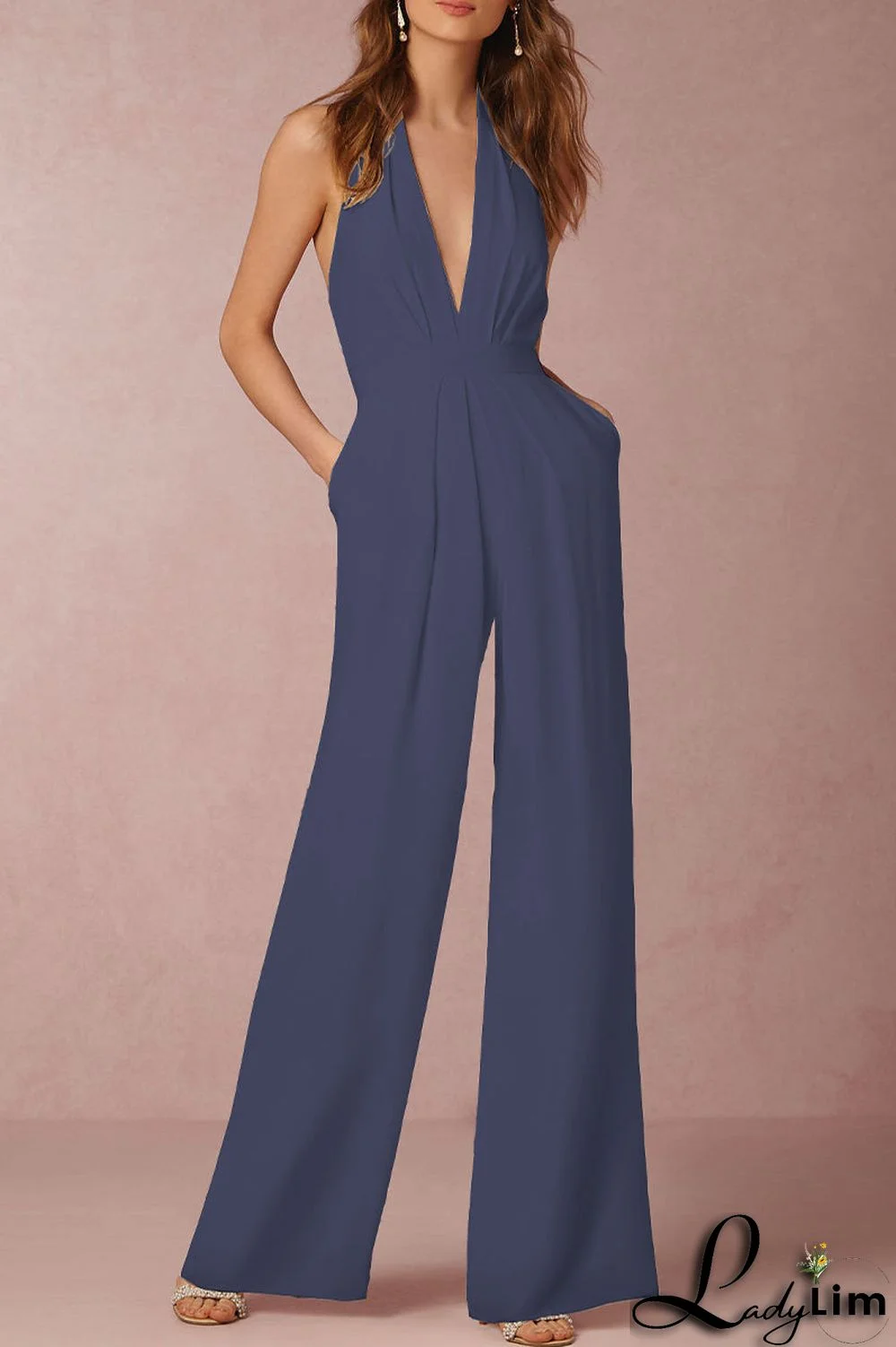 Sexy Elegant Solid Backless Fold V Neck Regular Jumpsuits(12 Colors)