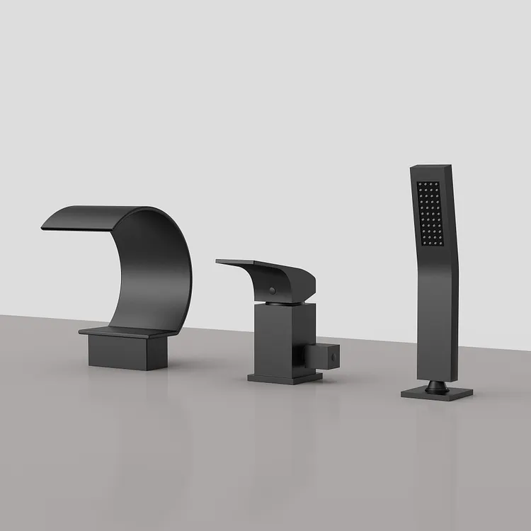 EVERSTEIN Deck Mount Waterfall Bathtub Faucet with Hand Shower in Matte Black
