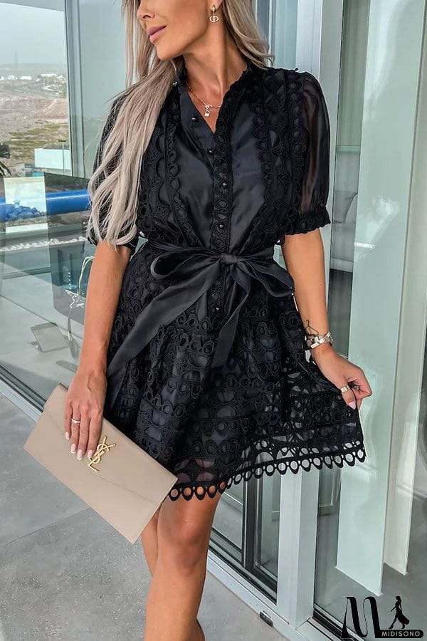 MidiSono - Crush on You Crochet Lace Bow Belt Mini Dress