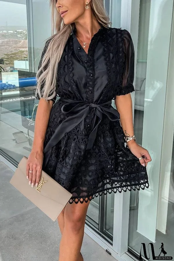 MidiSono - Crush on You Crochet Lace Bow Belt Mini Dress