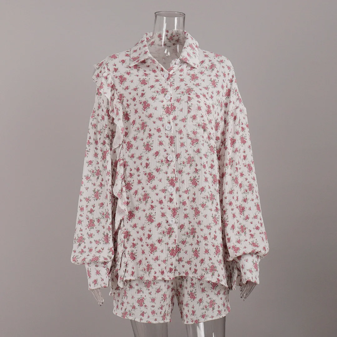 Churchf Churchf Set Heart-Shaped Print Stitching Wood Ear Long Sleeve Shirt Shorts Set Pure Cotton Set