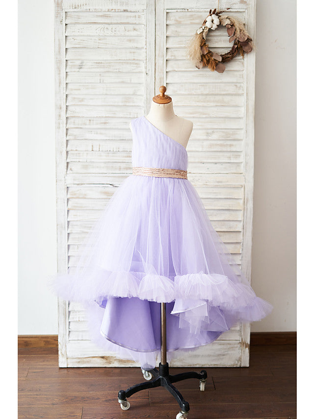 Daisda Sleeveless One Shoulder Ball Gown Asymmetrical Flower Girl Dress Tulle With Belt