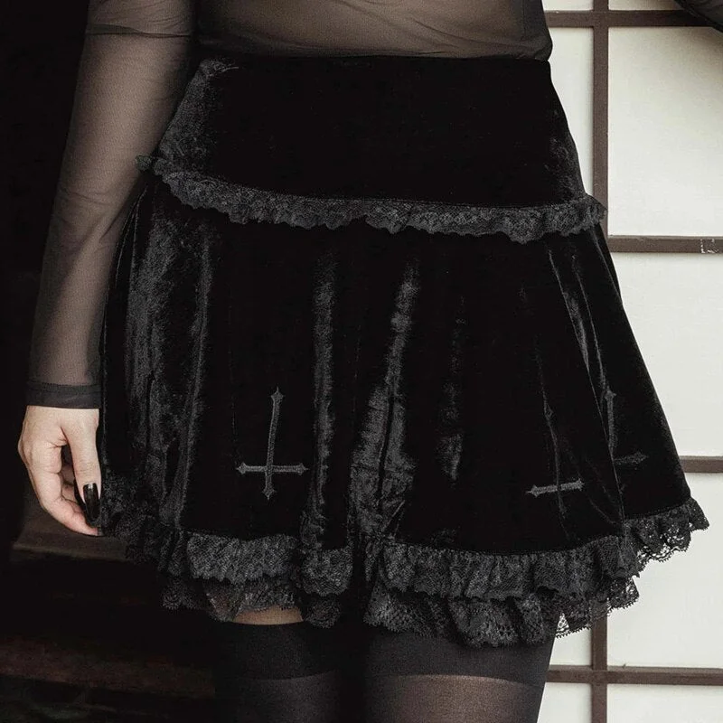 InsGoth Goth Cross Embroidered Black Skirt Gothic Vintage Lace Velvet Emo Alt Skirt Fairy Grunge High Waist A Line Mini Skirt
