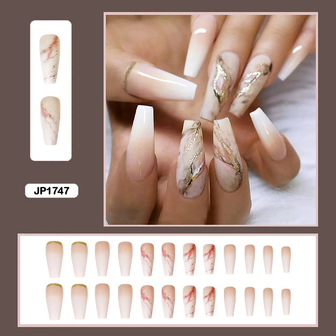 24pcs Gradient Amber Marble Texture Nails Art Long Trapezoid False Nails Wearable Fake Nails With Glue And Wearing Tools-Nail Inspo