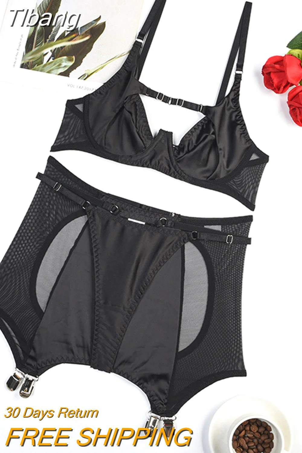 Tlbang Silk Underwear Lingerie Sexy Crotchless Garter 3-Piece Bra Kit Push Up Bilizna Set Fine Setup Outfit Sensual Intimate