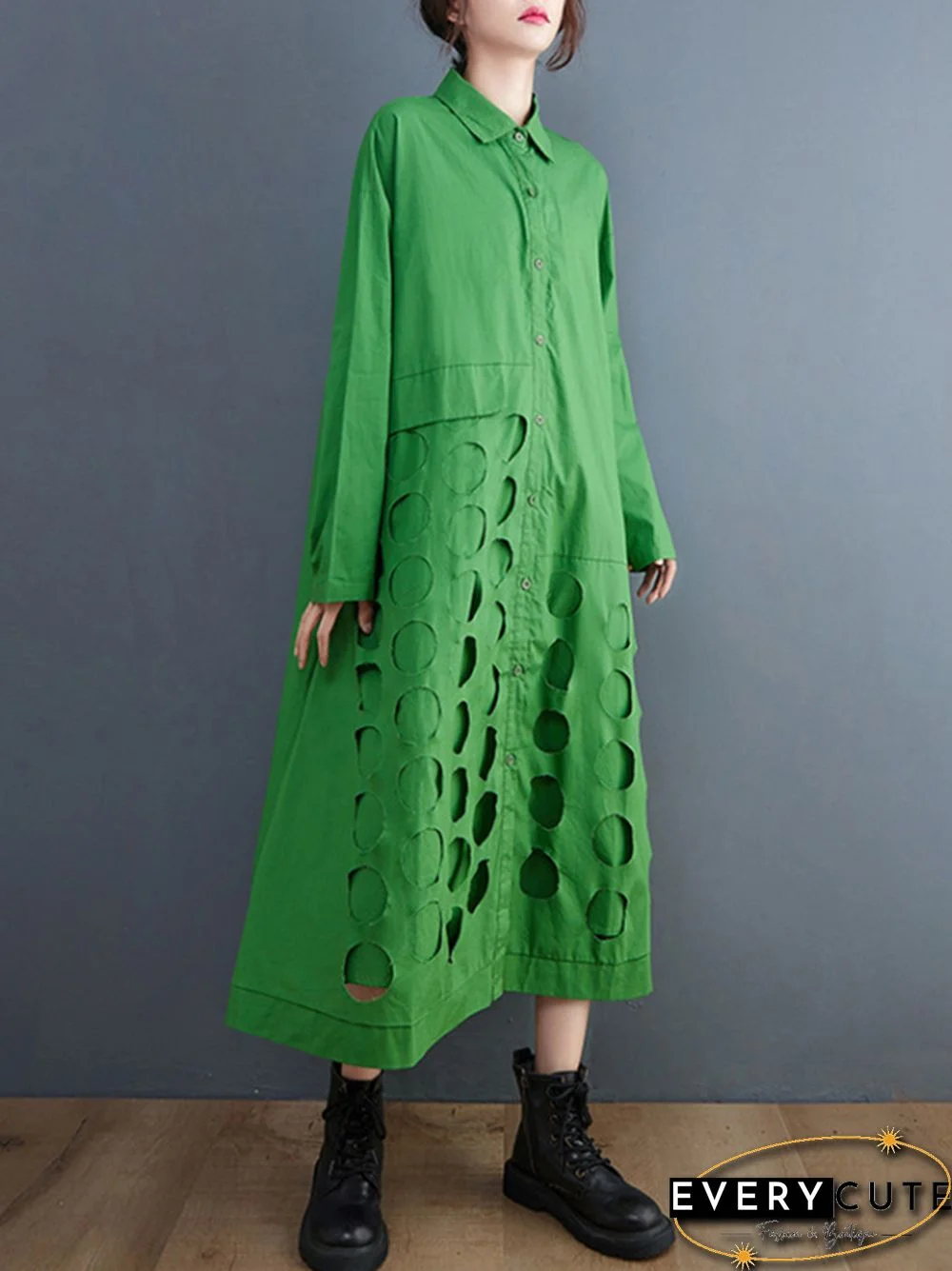 A-Line Long Sleeves Asymmetric Hollow Polka-Dot Solid Color Lapel Midi Dresses