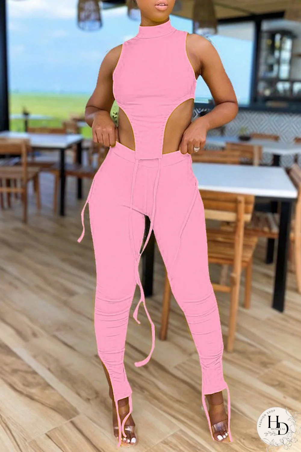 Pink Sexy Casual Solid Slit Asymmetrical Turtleneck Sleeveless Two Pieces