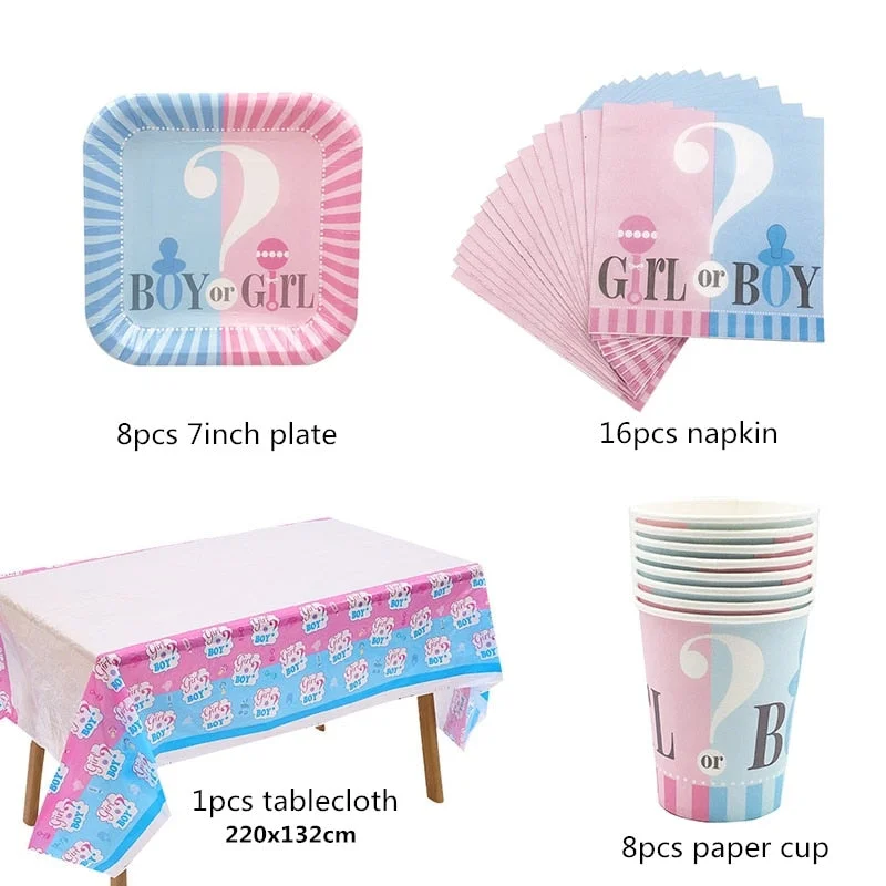 Gender Reveal Disposable Tableware Set Baby Shower Boy Or Girl Plate Napkin Tablecloth Gender Reveal Party Decorations Supplies