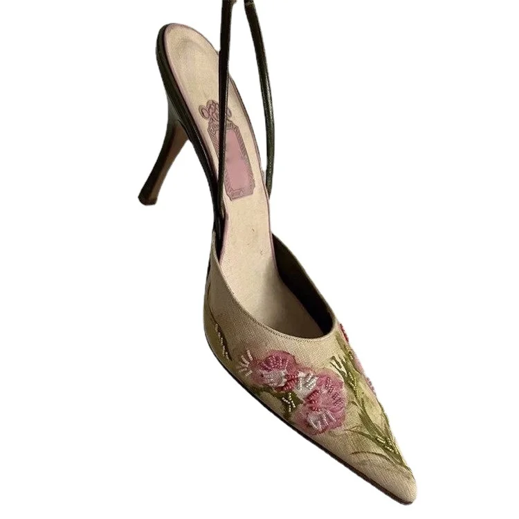 Wongn Wongn Embroidery Pointed Heel Heels 2023 New Summer Chinese Mouth Shallow Female Head Sandals