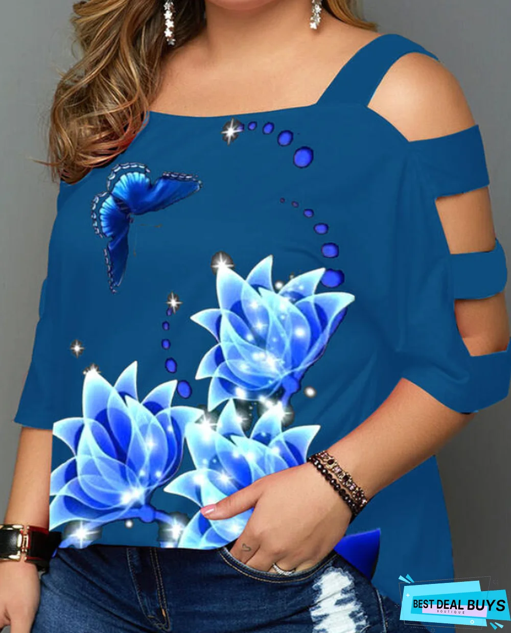 Print Floral Cold Shoulder 3/4 Sleeves Casual Plus Size Blouses