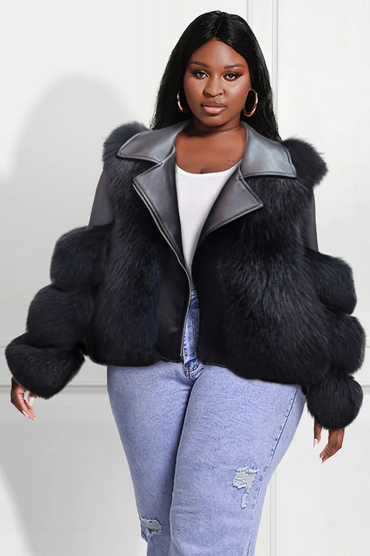 Xpluswear Design Plus Size Daily Jackets Black PU Leather Faux Fur Patchwork Long Sleeve Jackets